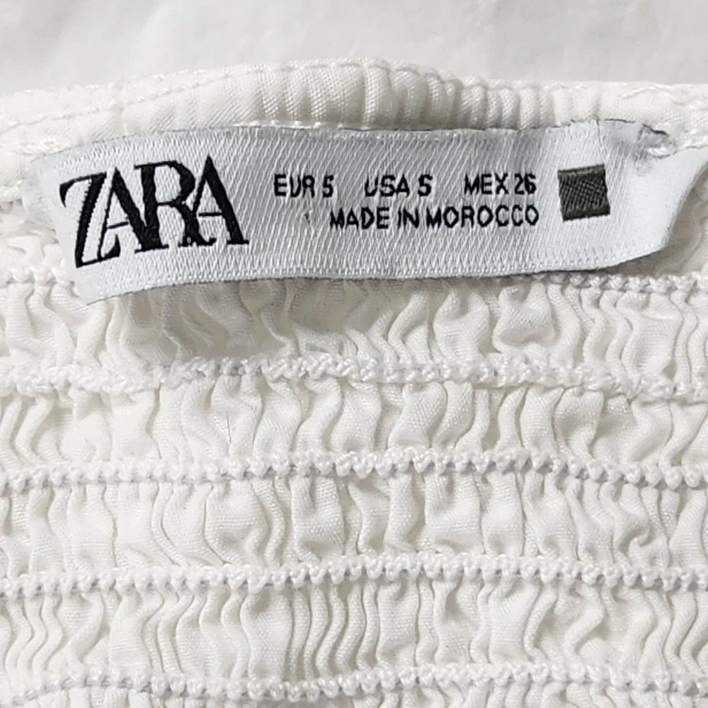 Zara Womens Small White Ruched Puff Sleeve Peasant Blouse Square Neck Cotton EUC